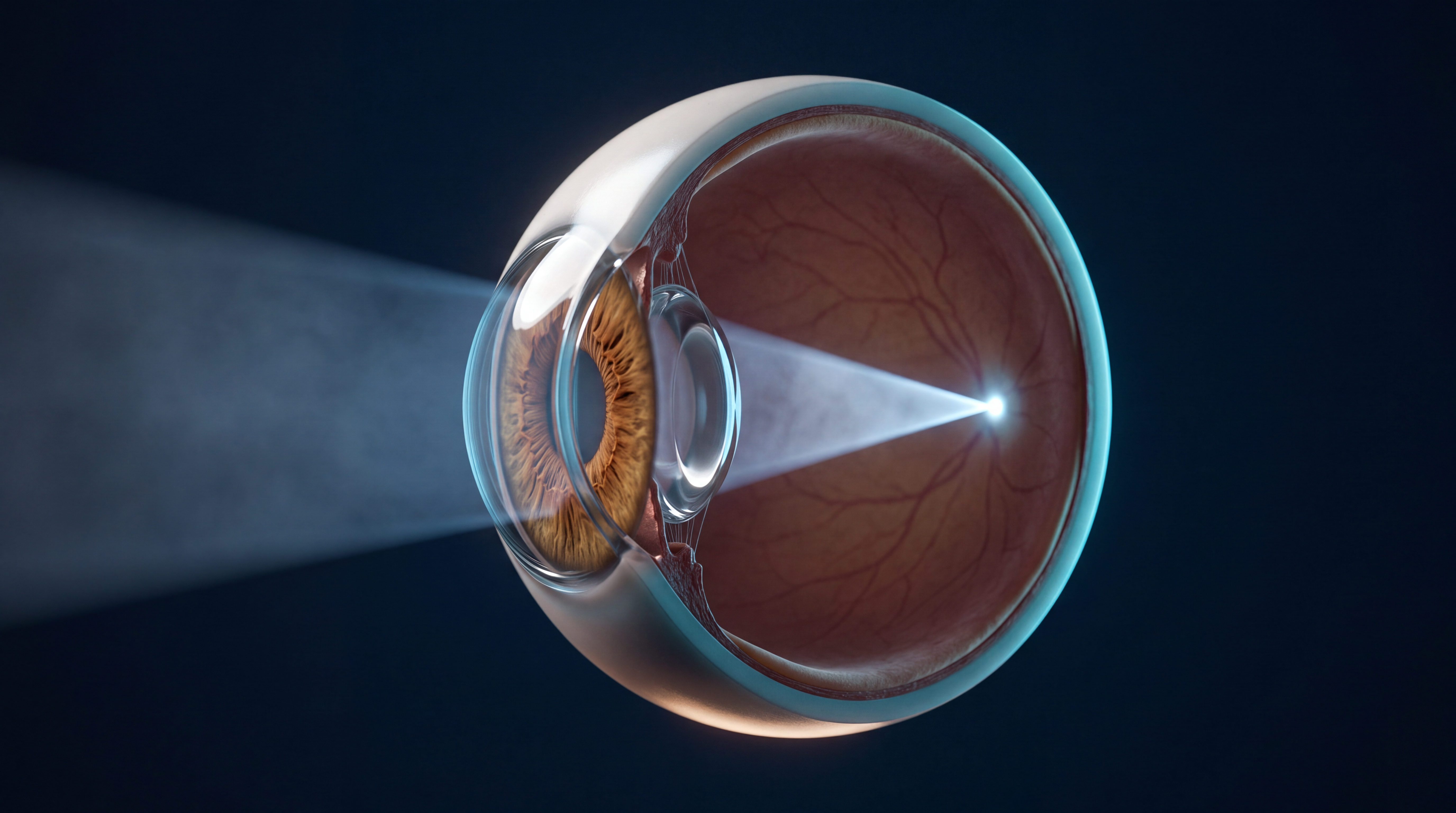 Diagram potongan mata: berkas cahaya masuk lewat kornea dan bertemu tepat di retina