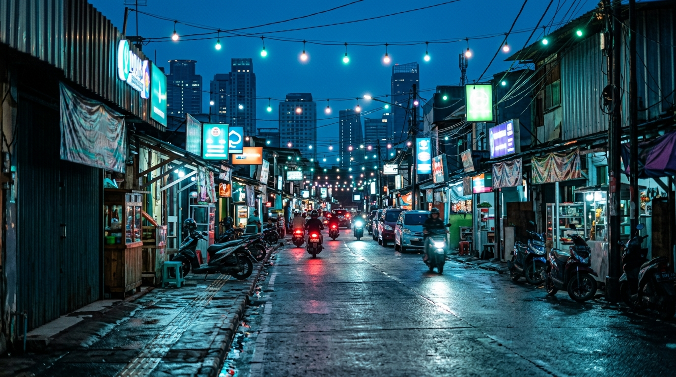 Suasana jalan kota pada malam hari dengan lampu toko dan aspal basah, terlihat tajam